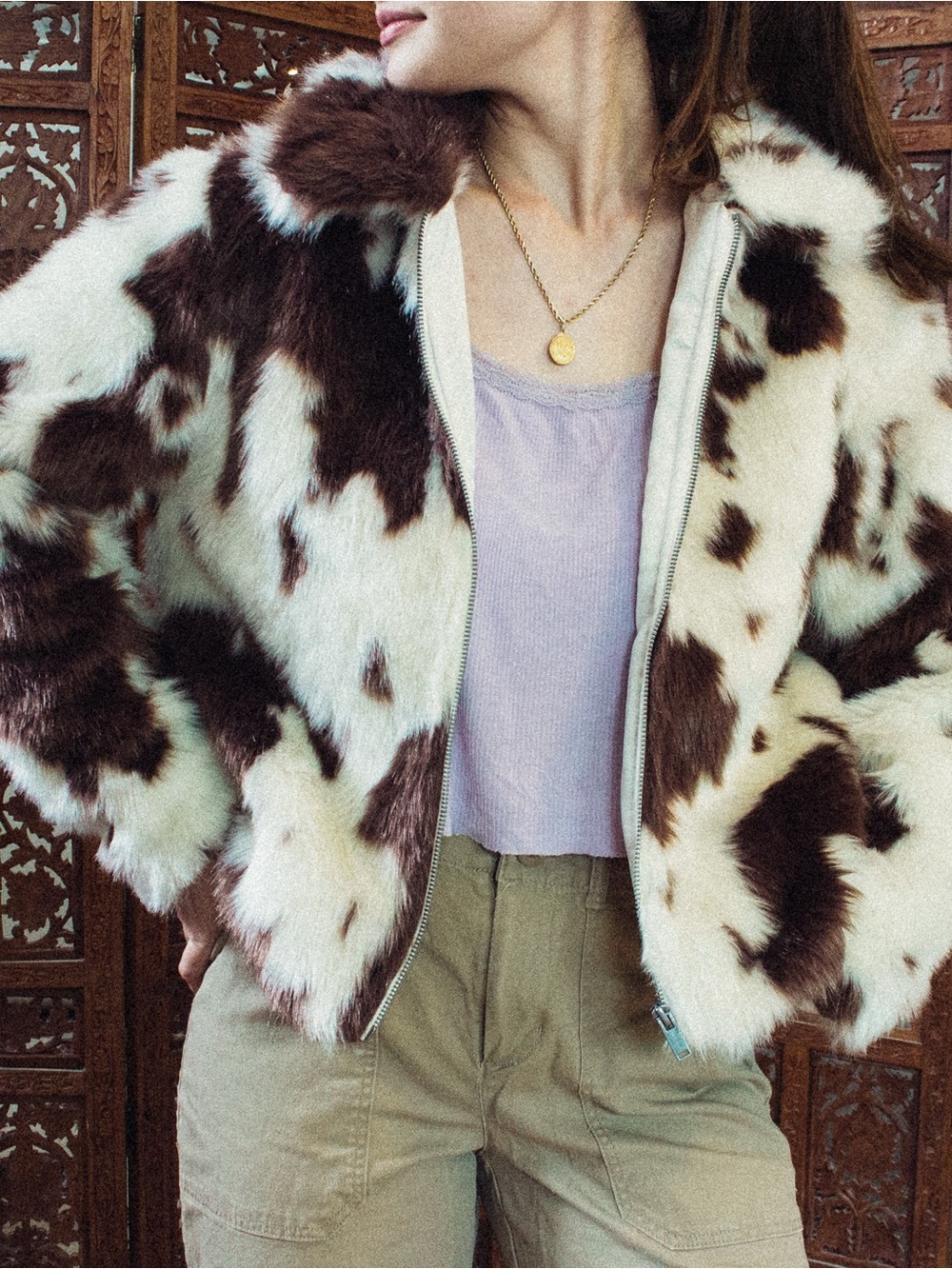 wild fable Brown & Cream Faux Fur Cow-Print Bomber Jacket